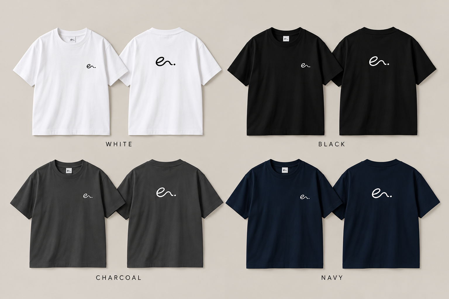 EN.のロゴTシャツ。ホワイト、ブラック、チャコール、ネイビーの前後デザイン